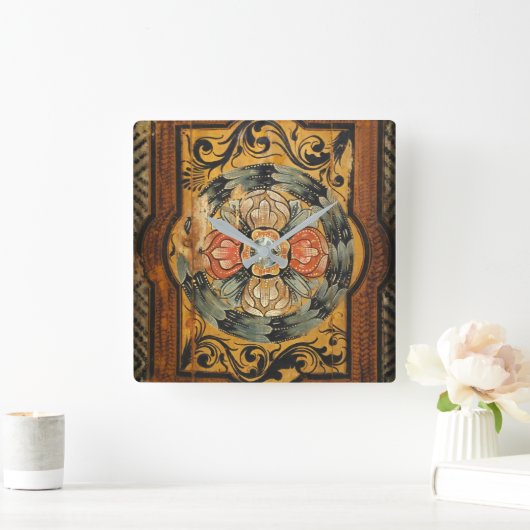 中世の木絵画材のヴィンテージ スクエア壁時計 (ホーム)