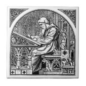 中世の机に書いる僧 タイル (正面)