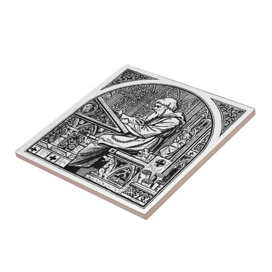 中世の机に書いる僧 タイル (側面)