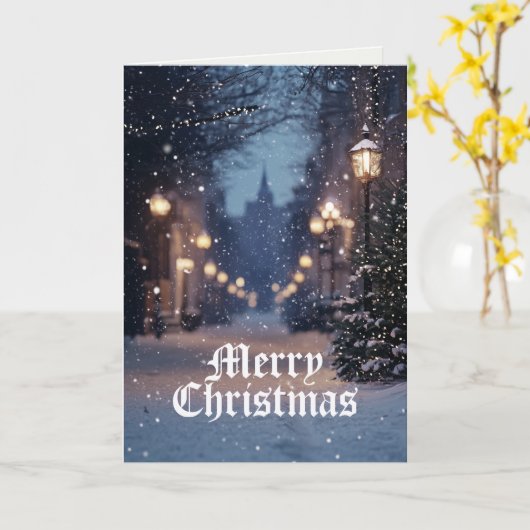 中世の村の冬のシーンメリークリスマス カード (黄色い花)