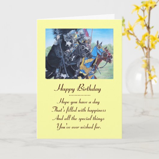 中世の歴史ある騎士が馬に乗り込む カード (黄色い花)