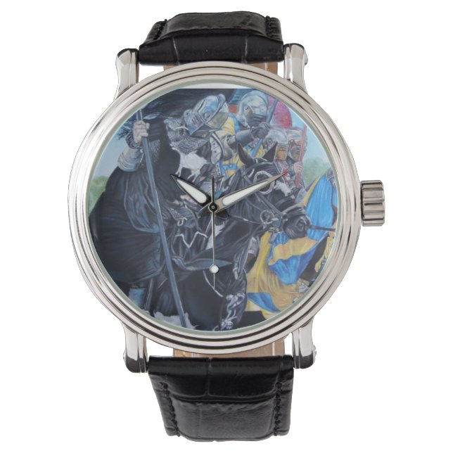 中世の歴史ある騎士が馬に乗り込む 腕時計 (正面)