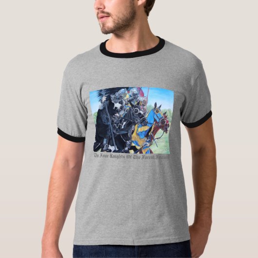 中世の歴史ある騎士が馬に乗り込む Tシャツ (正面)