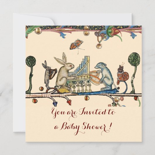 中世の流行音楽うさぎと犬の赤ちゃんシャワー 招待状 (正面)