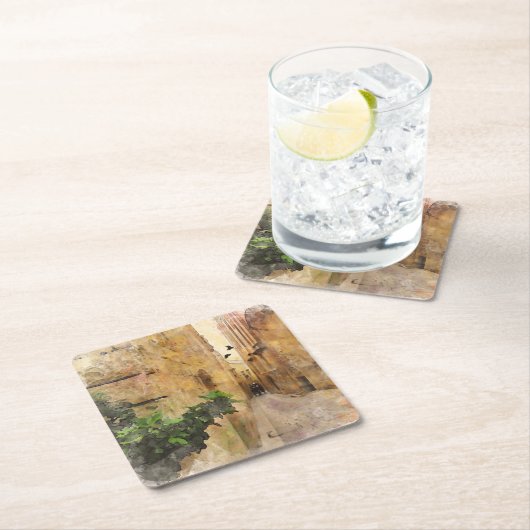 中世の狭い通り古い建物水色 スクエアペーパーコースター (インサイチュ)