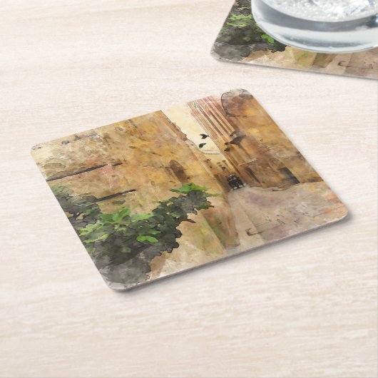 中世の狭い通り古い建物水色 スクエアペーパーコースター (アングル)