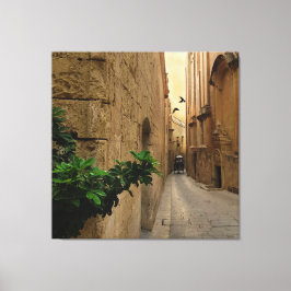 中世の狭い通り背の高い建物とコーチ キャンバスプリント