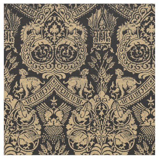 中世の獅子、鳥、竜の模様 ファブリック (クローズアップ)