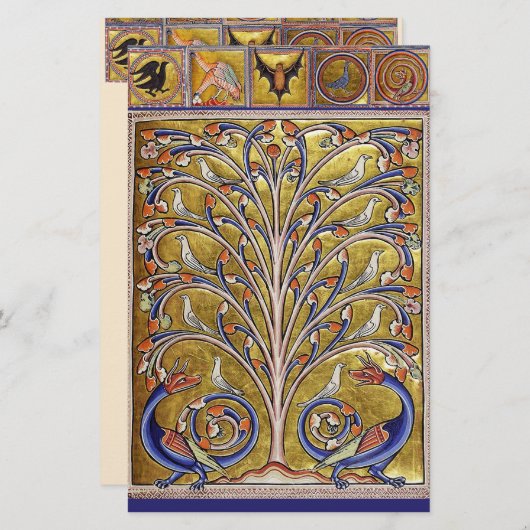 中世の獣医、生命の木の上の鳥、竜 便箋 (正面/裏面)