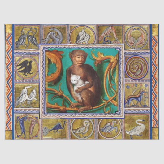 中世の獣類、サルと白猫、動物 薄葉紙 (正面)