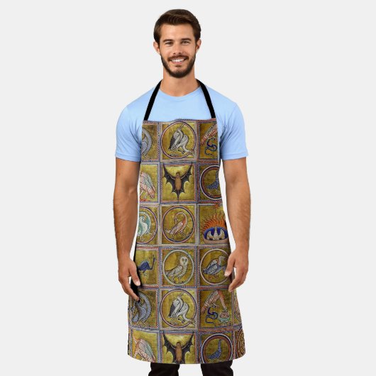 中世の獣類，幻想的な動物，金ゴールドレッドブルー エプロン (着用した状態)