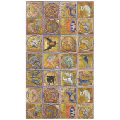 中世の獣類，幻想的な動物，金ゴールドレッドブルー テーブルクロス (正面)