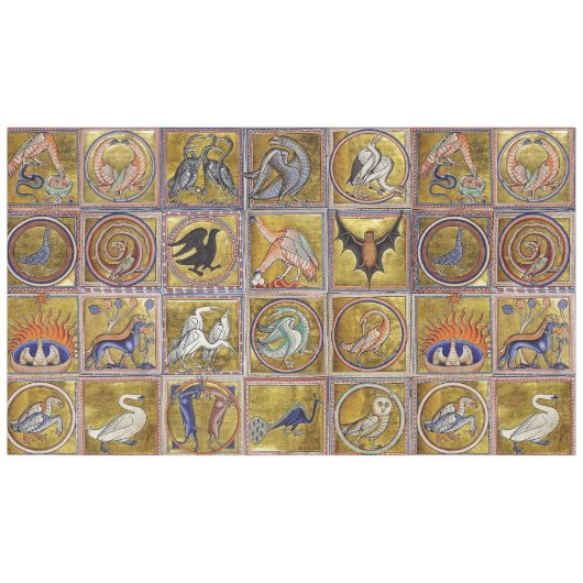 中世の獣類，幻想的な動物，金ゴールドレッドブルー テーブルクロス (正面(横))