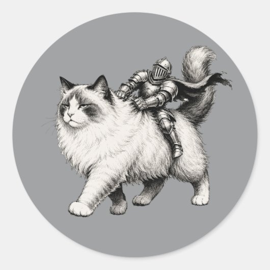 中世の甲冑をまとった小さな騎士が毛むくじゃらの猫に乗る ラウンドシール (正面)