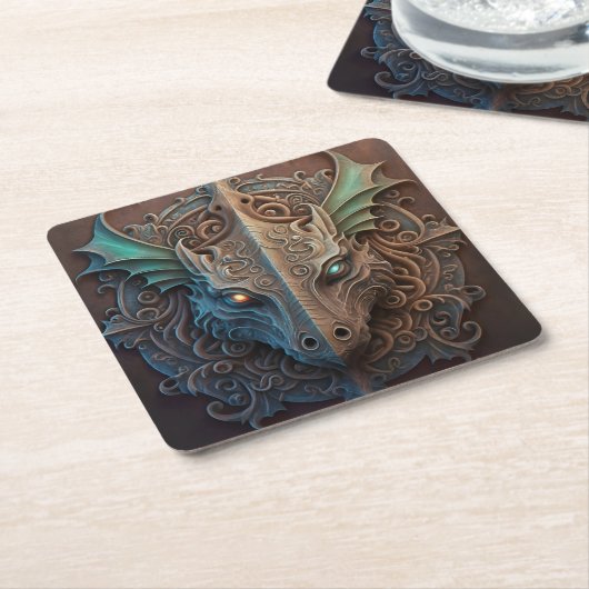 中世の石造石龍の彫刻 スクエアペーパーコースター (アングル)