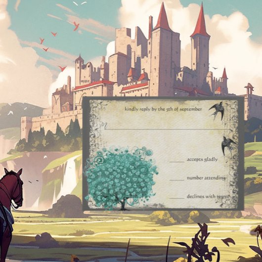 中世の緑のハートの木の愛の鳥結婚の 出欠カード