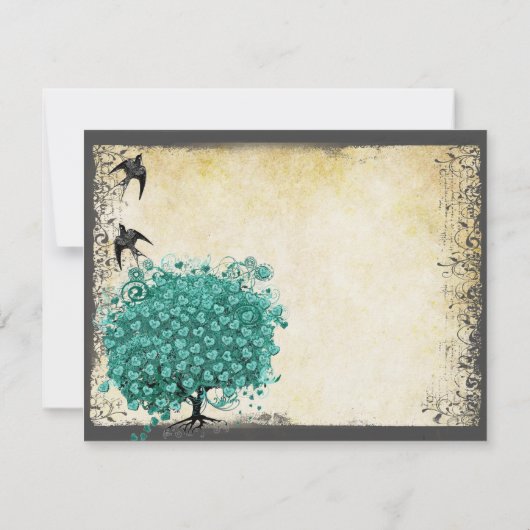 中世の緑のハートの木の愛の鳥 サンキューカード (裏面)