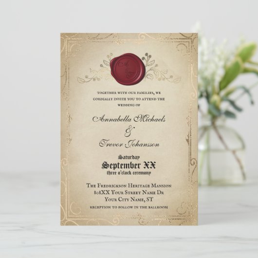 中世の羊皮紙とワックスシールの結婚童話 招待状 (スタンド正面)