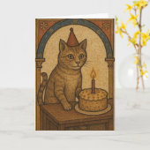 中世の誕生日の猫 カード (黄色い花)