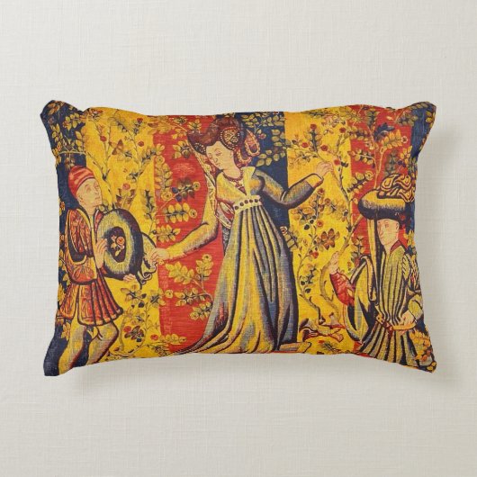 中世の赤イタリアン色の黄色のシノワズリー アクセントクッション (正面)
