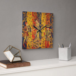 中世の赤イタリアン色の黄色のシノワズリー スクエア壁時計