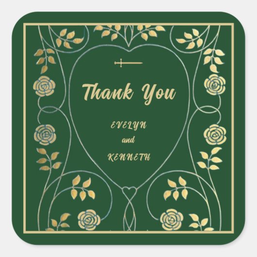 中世の金ゴールドフローラハートと剣ありがとう スクエアシール (正面)