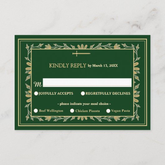 中世の金ゴールドフローラハートと剣の結婚式RSVP エンクロージャーカード (裏面)