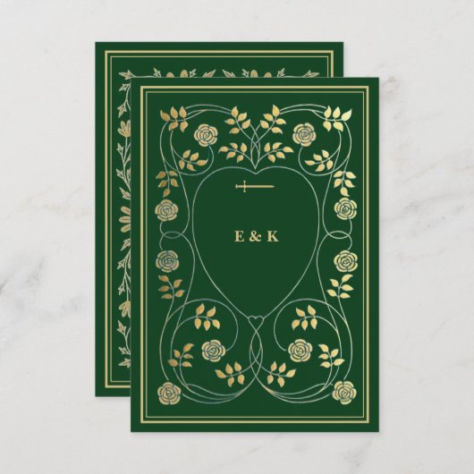 中世の金ゴールドフローラハートと剣の結婚式RSVP エンクロージャーカード (正面/裏面)