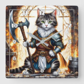 中世の鎧を着た勇敢な猫戦士 スクエア壁時計 (正面)