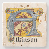 中世の青と赤のツタのライトレターA ストーンコースター (正面)