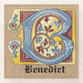 中世の青と赤のツタのライトレターB ガラスコースター (正面)