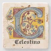 中世の青と赤のツタのライトレターC ストーンコースター (正面)