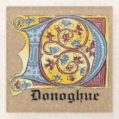 中世の青と赤のツタのライトレターD ガラスコースター (正面)