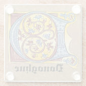 中世の青と赤のツタのライトレターD ガラスコースター (裏面)