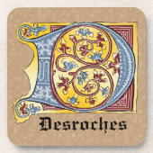 中世の青と赤のツタのライトレターD コースター (正面)