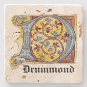 中世の青と赤のツタのライトレターD ストーンコースター (正面)