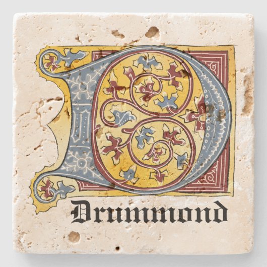 中世の青と赤のツタのライトレターD ストーンコースター (正面)