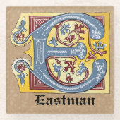 中世の青と赤のツタのライトレターE ガラスコースター (正面)