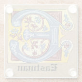 中世の青と赤のツタのライトレターE ガラスコースター (裏面)