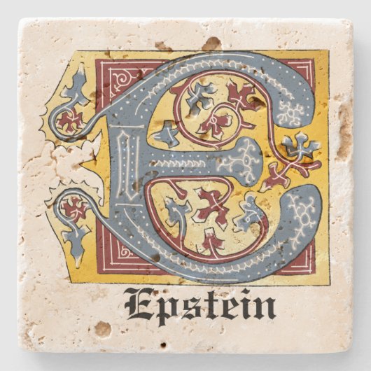 中世の青と赤のツタのライトレターE ストーンコースター (正面)