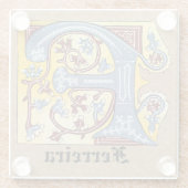 中世の青と赤のツタのライトレターF ガラスコースター (裏面)