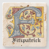 中世の青と赤のツタのライトレターF ストーンコースター (正面)