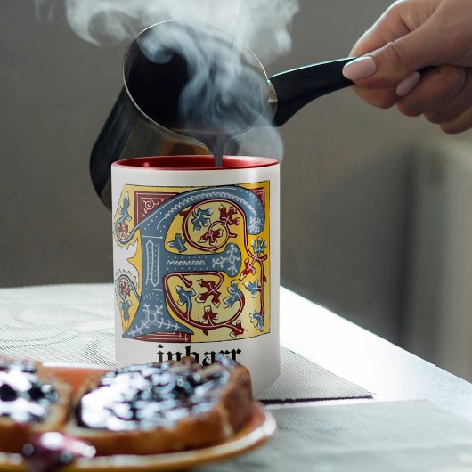 中世の青と赤のツタのライトレターF マグカップ