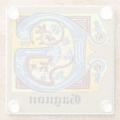 中世の青と赤のツタのライトレターG ガラスコースター (裏面)