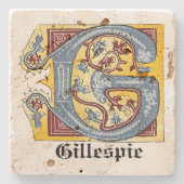 中世の青と赤のツタのライトレターG ストーンコースター (正面)