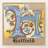 中世の青と赤のツタのライトレターH ガラスコースター (正面)