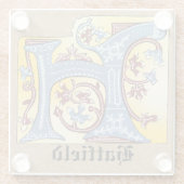 中世の青と赤のツタのライトレターH ガラスコースター (裏面)