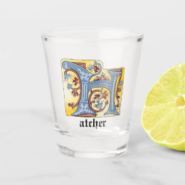 中世の青と赤のツタのライトレターH ショットグラス