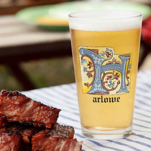 中世の青と赤のツタのライトレターH タンブラーグラス