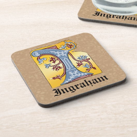 中世の青と赤のツタのライトレターI コースター (左側)